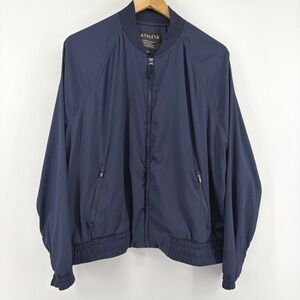 Athleta Womens Navy Blue Full Zip Bomber Jacket L Ventilated Back Run Yoga Sport